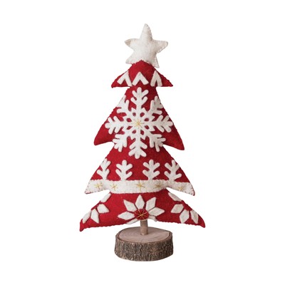 Handmade Wool Felt Christmas Tree with Applique, Embroidery and Wood Base, Re...