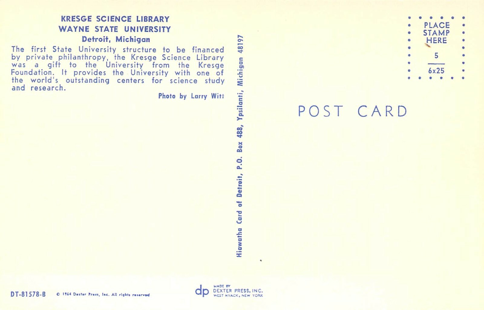 MI Detroit 1964 KRESGE SCIENCE LIBRARY Wayne State University MINT postcard  M04 | eBay