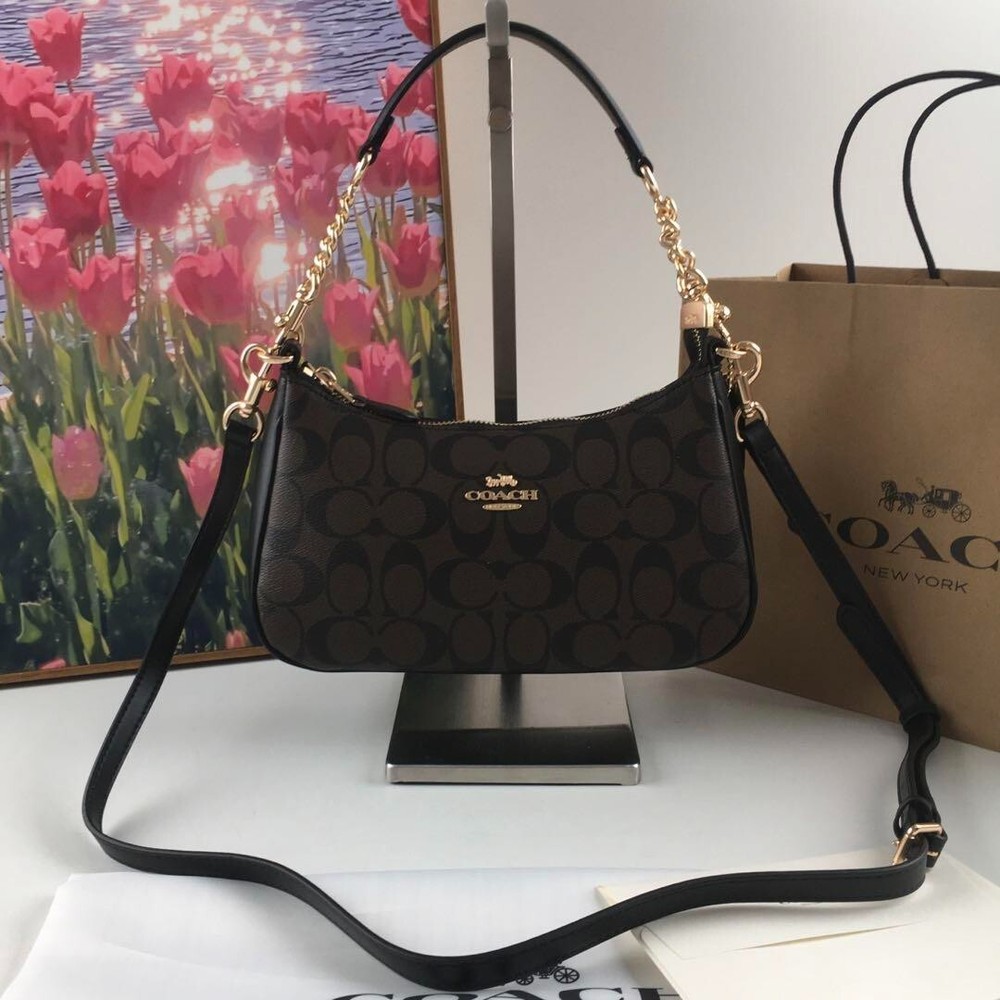 NWT CA548 Dark Brown Teri Shoulder Bag Black Jacquard Leather Hand Bag Outlet