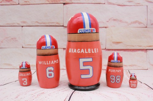 Muñeca Clemson Tigers 7" 5 piezas NCAA D J UIAGALELEI hecha a mano muñeca de anidación de madera - Imagen 2 de 12