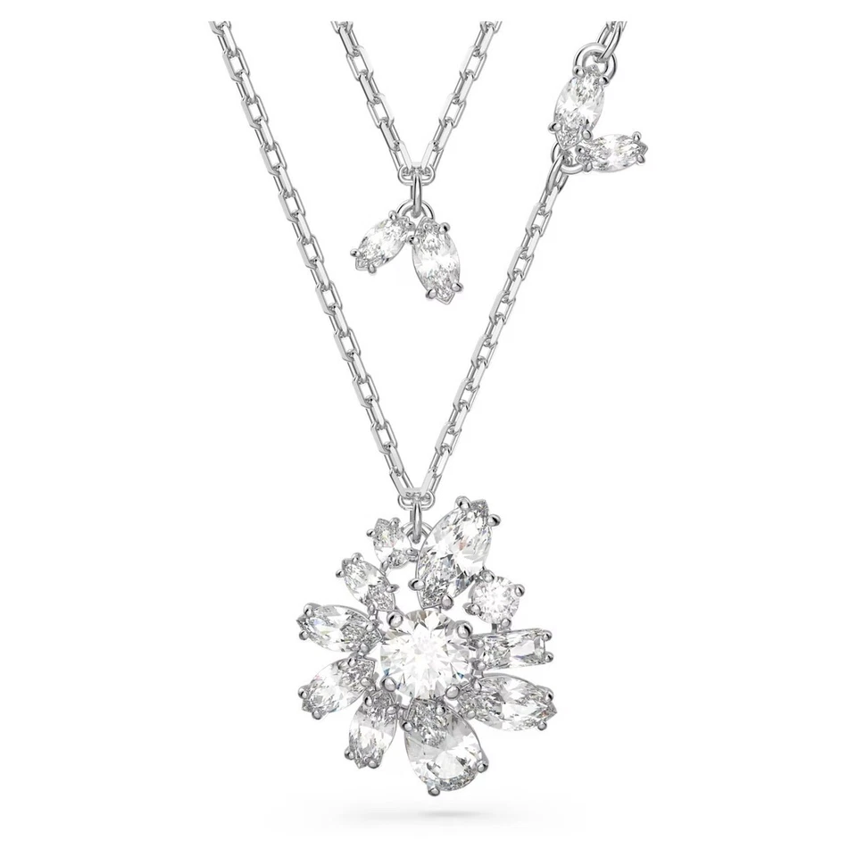 NWB Swarovski Gema Layered Necklace, Flower, White, Rhodium Plated - 5644658