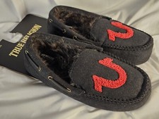 True Religion Men's Slippers S 7-8 Black w/Faux Fur Lining, Red Logo SHIPS FREE