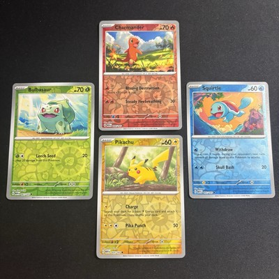 Pokemon 151 Starter Set Charmander Squirtle Bulbasaur Pikachu Reverse Holo Lot