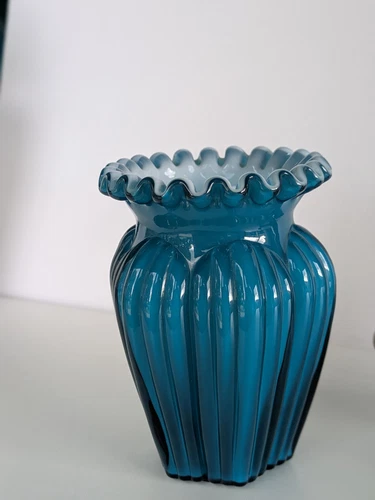 Fenton Jamestown Overlay Turquoise and White Ribbed  Crimmped Vase