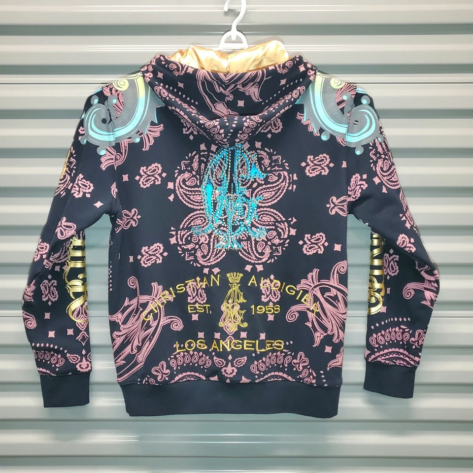 De Colección Y2K Christian Audigier Sudadera con Capucha Para Hombres Grande AOP Paisley Acentos Dorados Foto 3 de 4