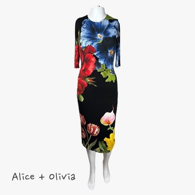 Alice + Olivia Delora Bodycon Round Neck Midi Dress in Le Parisienne Black Sz 0