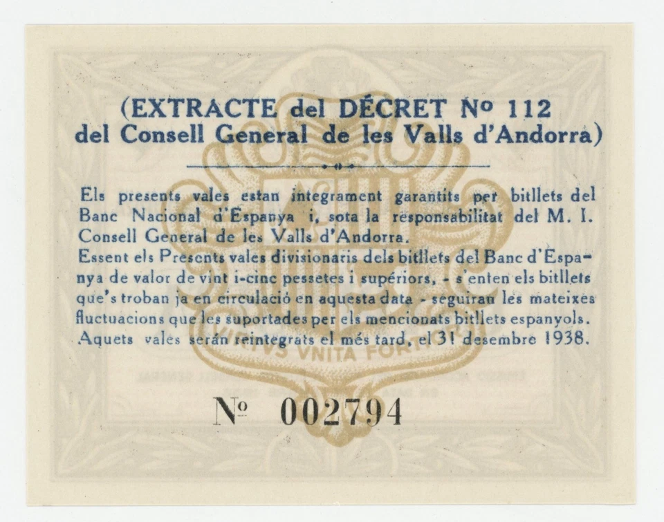 Billete Andorra 1 Pesseta 19-12-1936 Pick 6 UNC sin circular Foto 2 de 2