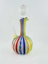 Murano Art Glass Latticino Ribbon Hand Blown Cruet with Stopper~5.5" T