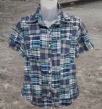 Carole Little Blue Green White Plaid Shirt Blouse Patchwork SS Peasant Y2K Sz S