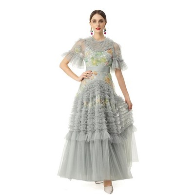 Occident Style Women Short Sleeve Beaded Sequins Mesh Ruffles Pleated Long Dress