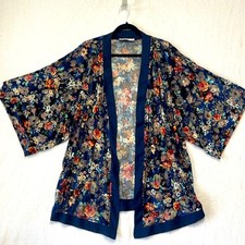 MANGO Dark Navy Blue Orange Sheet Floral Velvet Kimono Fall Sz XS S M L