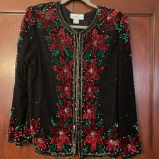 Vintage Laurence Kazar L Silk Black Red Poinsettia Beaded Sequin Jacket