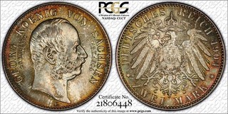 S41 Germany Saxony 1904 E Silver 2 Marks Georg's Death PCGS MS 67 Nice Toning