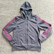 Adidas Gray Pink Stripes Zip-Up Basic Hooded Jacket Warm Women  s Size Large Gym