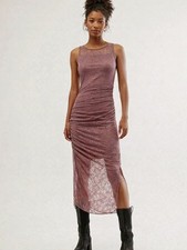 NWT Free People Lindsey Lace Bodycon Midi Dress Ruched Festival Romantic Mauve M