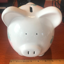 Piggy Bank w/ Stopper  Ceramic White Pig with Colorful Hearts