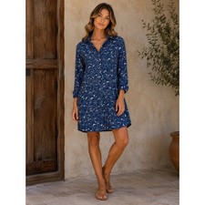 LL Bean Signature Shirt Dress Women M Blue Bird Print Cotton Long Sleeve Mini