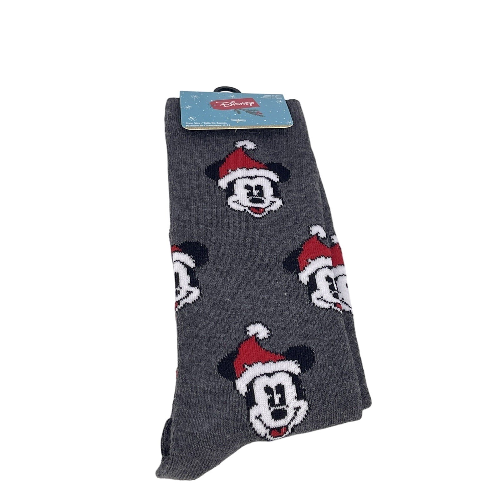 Disney Mickey Mouse Christmas Holiday Socks Red Santa Hat Charcoal Gray