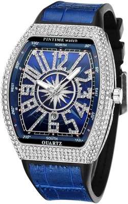 FANMIS Mens Skull Big Face Watches Rectangle Punk Diamond Dial Silver Blue