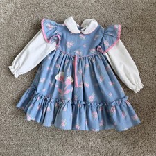 Vintage Cradle Togs Dress Girls 3T Blue Floral Long Sleeve Ruffle Trim Ribbon