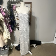 Montage Collection by Mon Cheri Silver Beaded Floral 100 Silk Dress Size 12