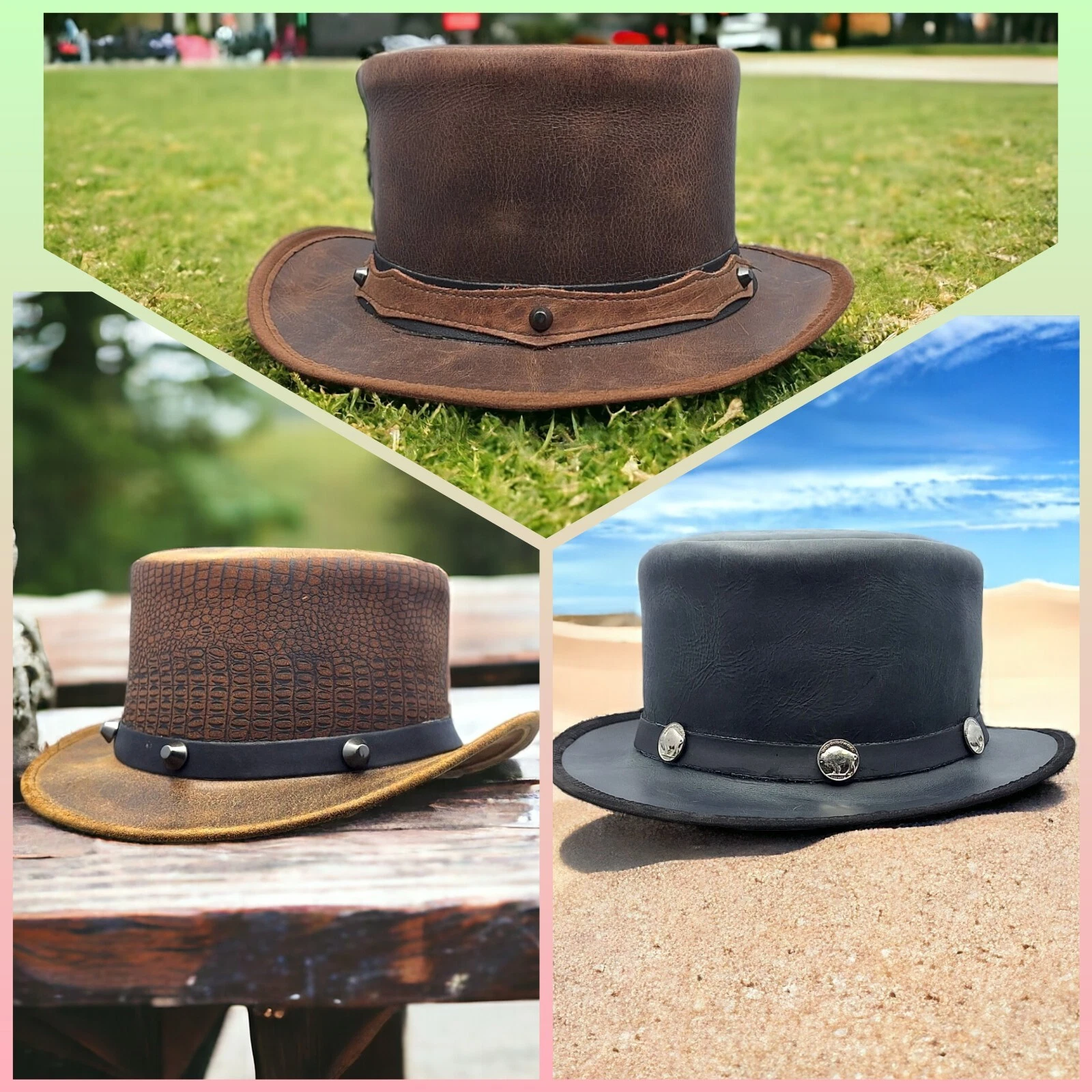 Victorian Top Hat 100% Real Leather Western Style Antique Stud Band Classic