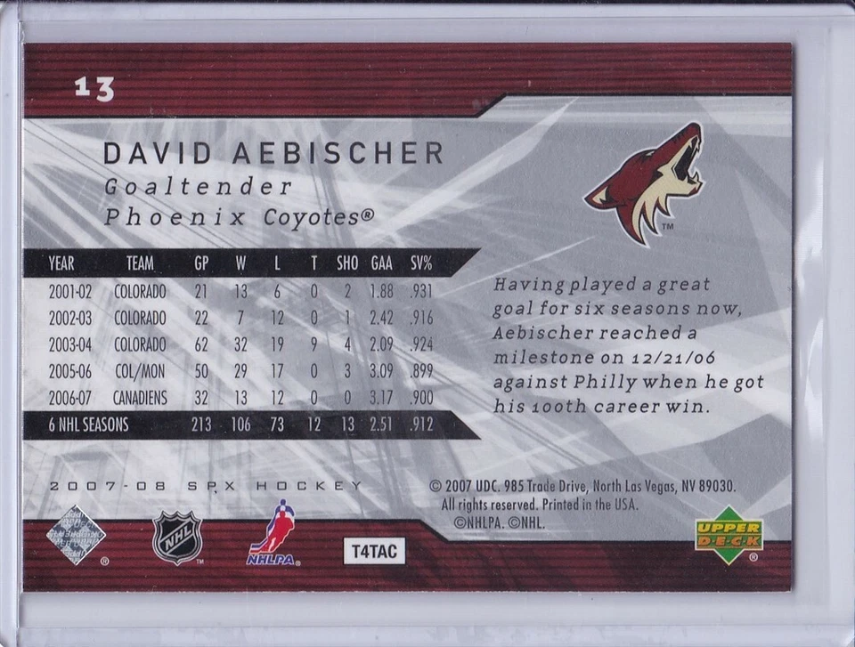 David Aebischer 2007 SPx Hockey Card 13 Grade MT - Image 2 of 2