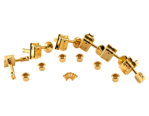 Kluson Supreme 6 Inline Oval Metal button, Staggered Safety post Gold KTS-6BX-GM