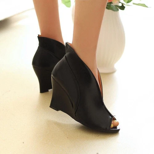 Women's Peep Toe Wedge High Heel faux leather Shoes Slip On Sandals Pumps - Picture 8 of 19