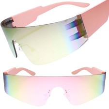 Trendy Rimless Futuristic Wrap Around Sunglasses Pink Mirrored Cyberpunk Visor
