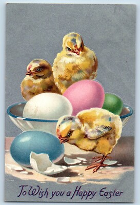 Easter Postcard Baby Chicks Hatched Egg On The Bowl Embossed Tuck c1910's