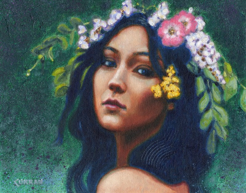 ORIGINAL OIL PAINTING, BEAUTIFUL GIRL WITH FLOWERED HAIR, listed artist NR!