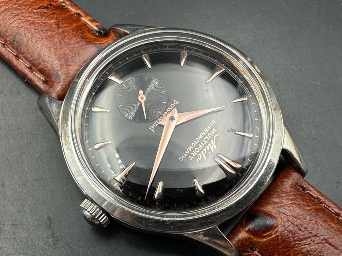 1950s Mido Multifort Watch with a Black Gilt Pink Gold Printed