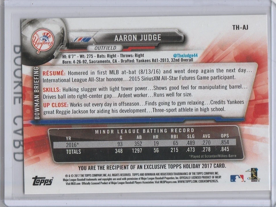 AARON JUDGE ROOKIE CARD 2017 Bowman Topps HOLIDAY EXCLUSIVE RC Baseball YANKEES! - Image 2 of 2