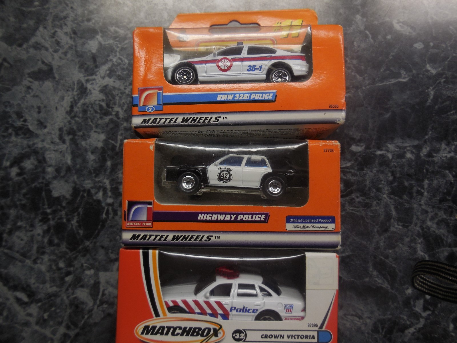 3 vintage matchbox police cars 98 ford/ 1999 bmw 328i/ 2000 crown