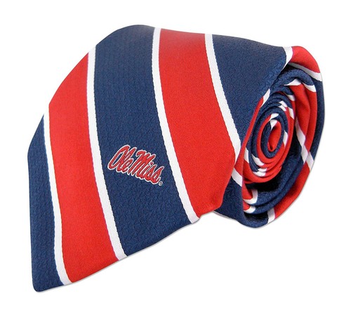 Ole Miss Rebels Logo Silk Tie -NCAA- Repp Stripe Navy Blue & Red Old Mississippi