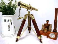 Nautical Brass Telescope With Wooden Adjustable Tripod Handmade Tabletop Spyglas