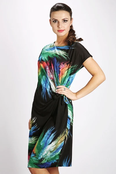 Women's Wrap Knee Length Multi Feather Dress Size S/M & M/L Black/Multi 467 - Image 1 of 1