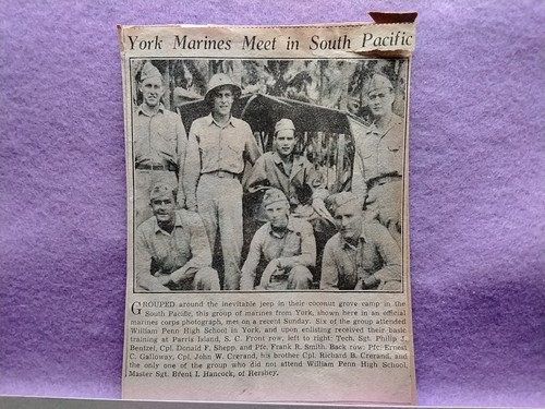 Vtg 1940's WW2 Era Newspaper Clipping York Marines Meet In South Pacific York PA