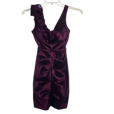 XSCAPE by Joanna Chen Dress 4P Deep Red Metallic Rosette One Shoulder Ruching
