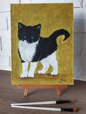 Peinture à l'huile originale chat noir Pet Art 12 par 9 smoking chaton oil pa...