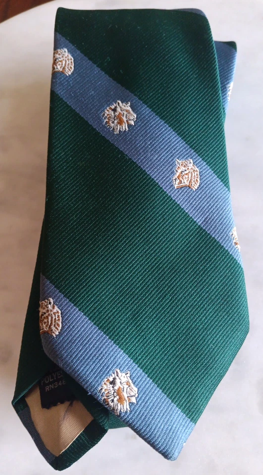 复古 Geoffrey Beene Lions Tigers 连衣裙 领带 100% 聚酯纤维 绿色 蓝色 — 第 3/4 张图片