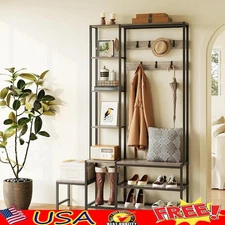 Multifunctional Coat Rack Shoe Bench Storage Organizer W/ Hooks & Shelves New