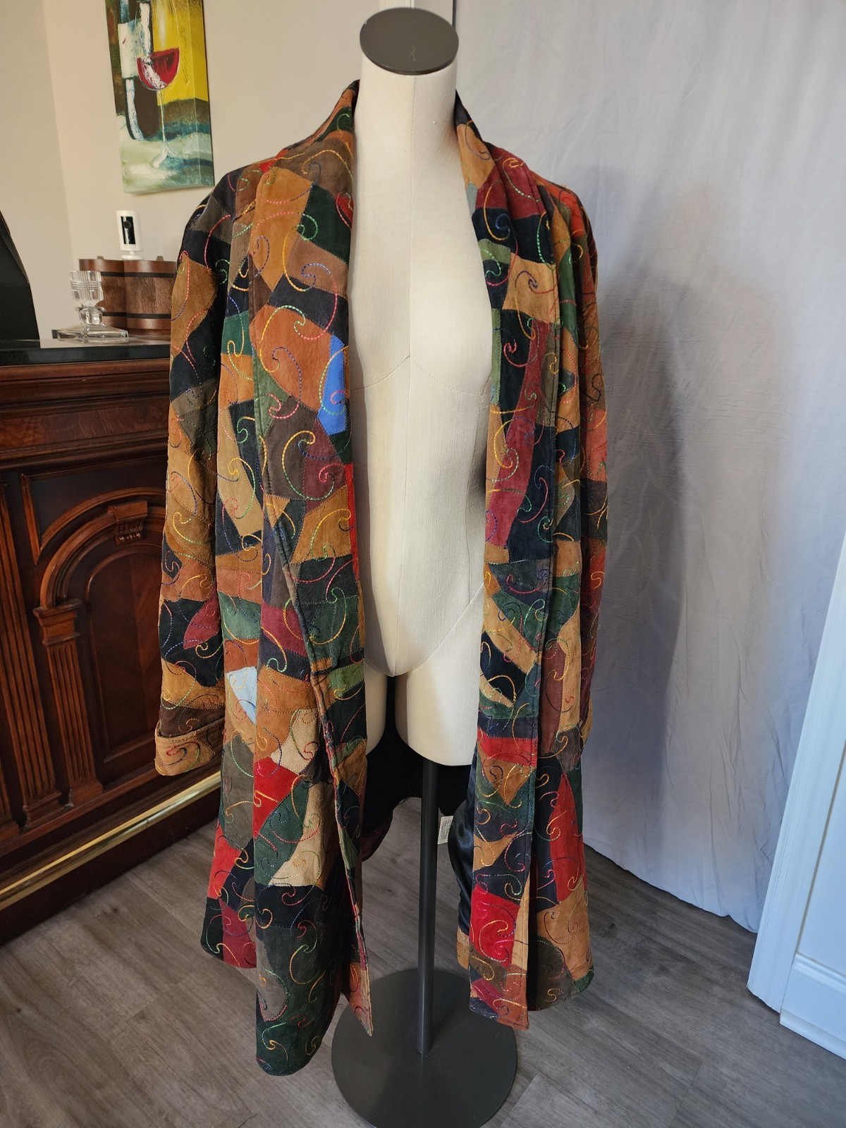 Boho Patchwork Suede Leather Duster Coat Multicol… - image 4