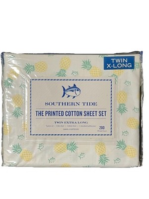 Southern Tide Cotton Sheet Set Twin XL Long Yellow Pineapple Party 3pc Percale