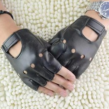 Mens Motorcycle Fingerless Leather Half Finger Driving Biker Black Gloves