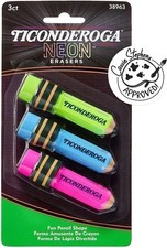 Ticonderoga Pencil Shaped Erasers, Neon Colors, 3 Count