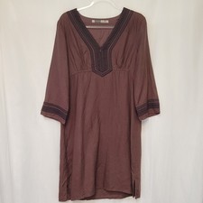 Athleta Lanai Brown Linen Shift A Line 3/4 Sleeve Dress Embroidery Boho Wmn's M