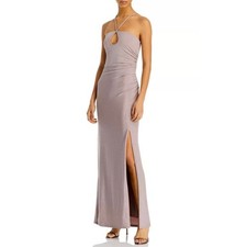 AQUA Purple Column Evening Gown Sparkly Metallic Halter Long Dress Size Medium