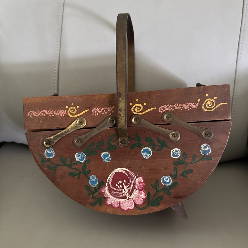 Antique TOLE Painted Tiered Foldout Style Sewing Box Needs A Lot Of Repairs